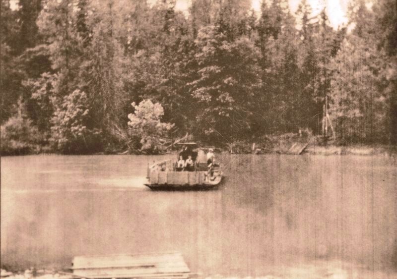 Marker detail: Ferry crossing Cowlitz River at Riffe (<i>before 1912</i>) image. Click for full size.