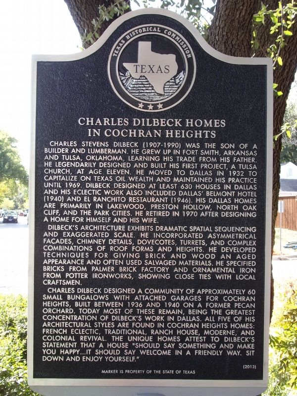 Charles Dilbeck Homes in Cochran Heights Marker. Click for full size. Charles Dilbeck Homes in Cochran Heights Marker image. Click for full size.