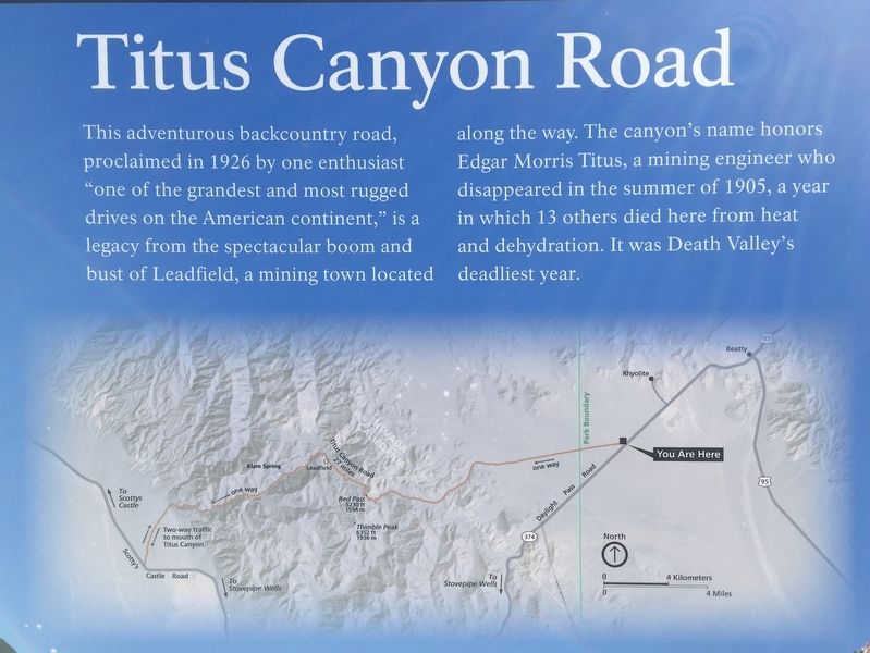 Titus Canyon Road Marker. Click for full size. Titus Canyon Road Marker image. Click for full size.