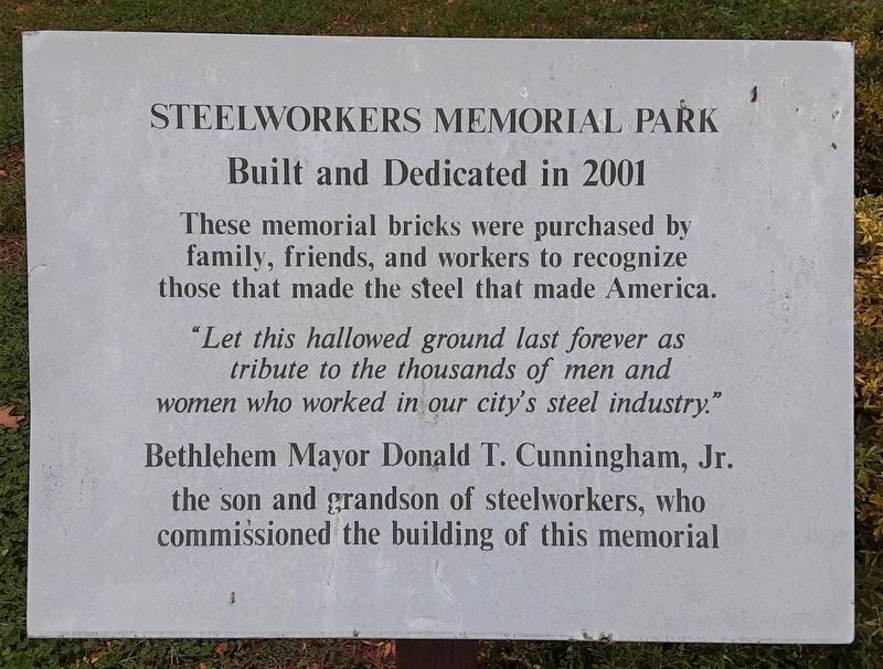Steelworkers Memorial Park Dedication Marker image. Click for full size.