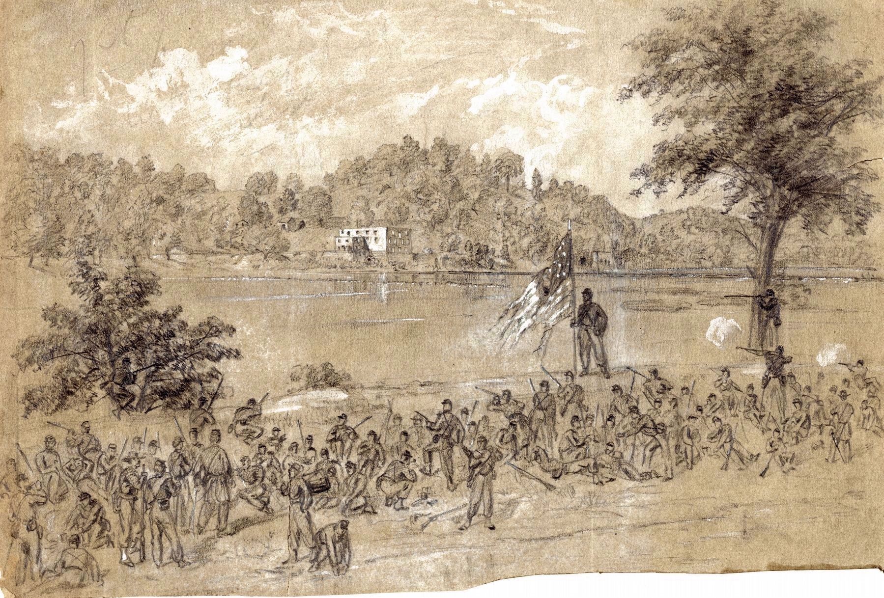 Ford near Shepherdstown, on the Potomac.<br>Pickets Firing Across the River image. Click for full size.