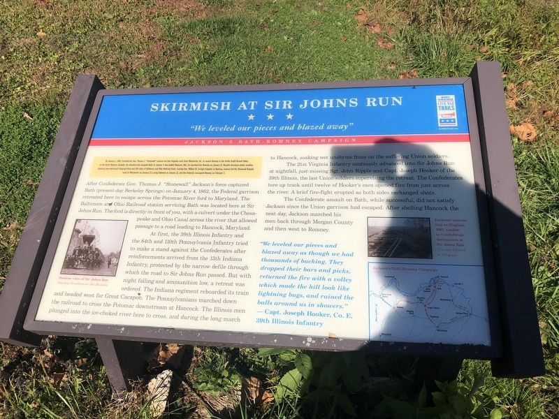 Skirmish at Sir Johns Run Marker. Click for full size. Skirmish at Sir Johns Run Marker image. Click for full size.