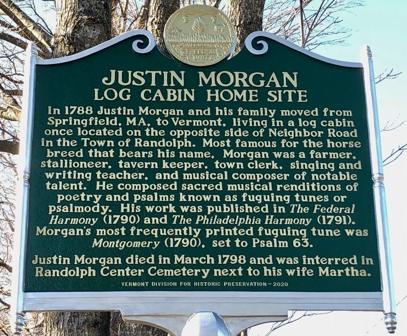 Justin Morgan Log Cabin Home Site Marker image. Click for full size.
