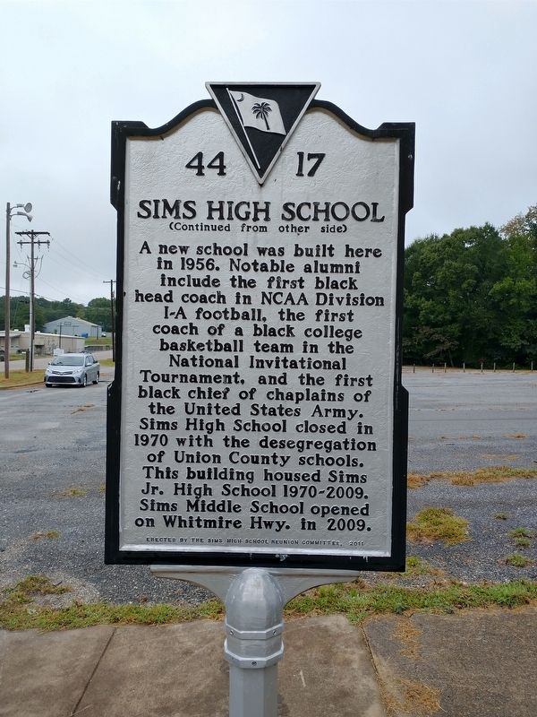 Sims High School Marker (back) image. Click for full size.