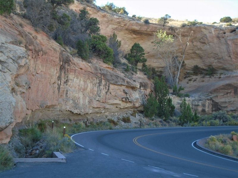 View of Rim Rock Drive switchback near the Upper Serpents Trail Marker image. Click for full size.