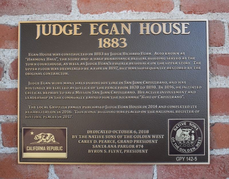 Judge Egan House Marker. Click for full size. Judge Egan House Marker image. Click for full size.