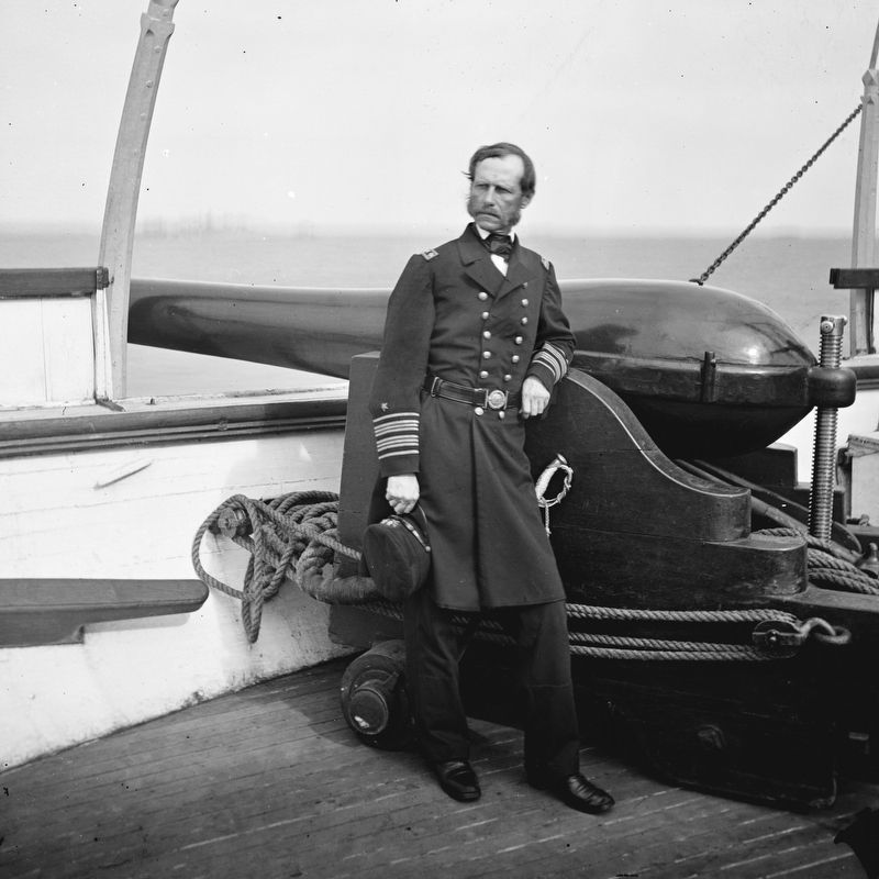 Rear Admiral John A. Dahlgren<br>Standing by a Dahlgren gun<br>On deck of U.S.S. Pawnee image. Click for full size.