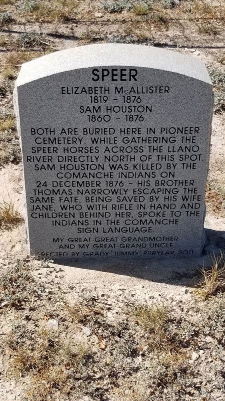Grave marker for Sam Houston Speer and his mother Elizabeth image. Click for full size.