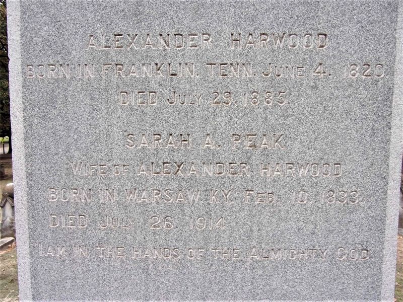 Alexander Harwood wording on grave marker image. Click for full size.