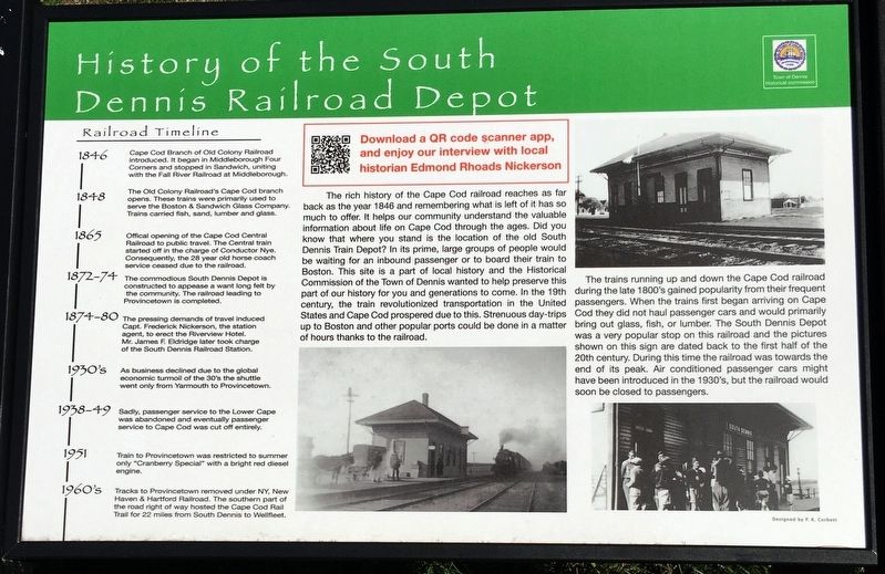 History of the South Dennis Railroad Depot Marker image. Click for full size.
