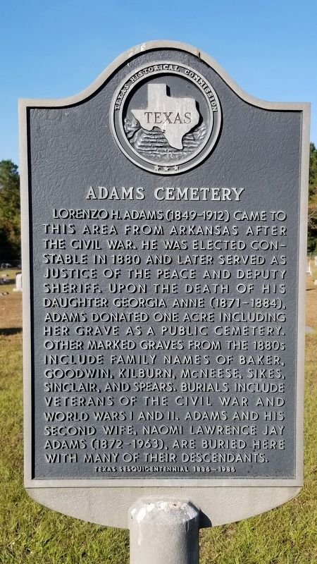 Adams Cemetery Marker image. Click for full size.