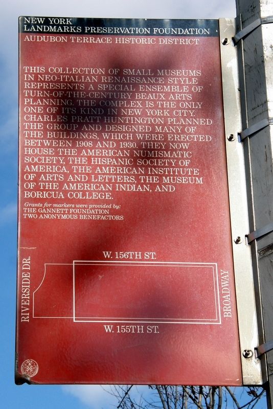 Audubon Terrace Historic District NYLPF marker. Click for full size. Audubon Terrace Historic District NYLPF marker image. Click for full size.