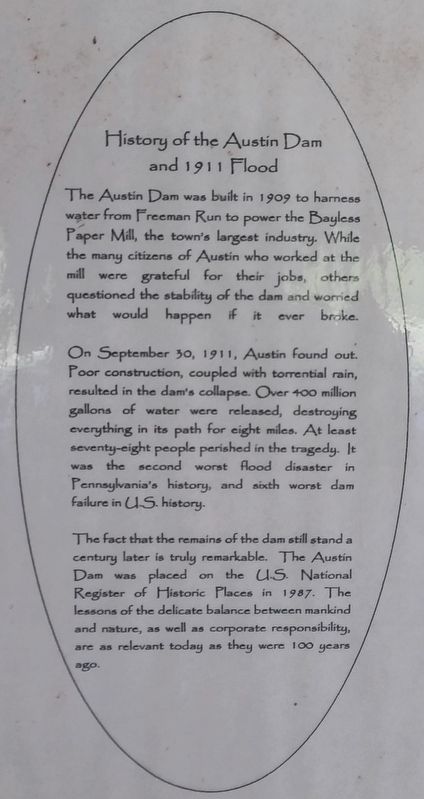 History Of The Austin Dam And 1911 Flood Marker image. Click for full size.