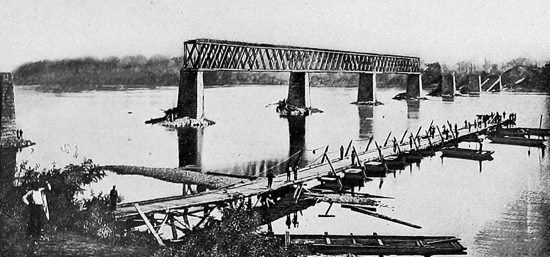 Railway bridge in Bridgeport destroyed by retreating Confederates, 1861 image. Click for full size.