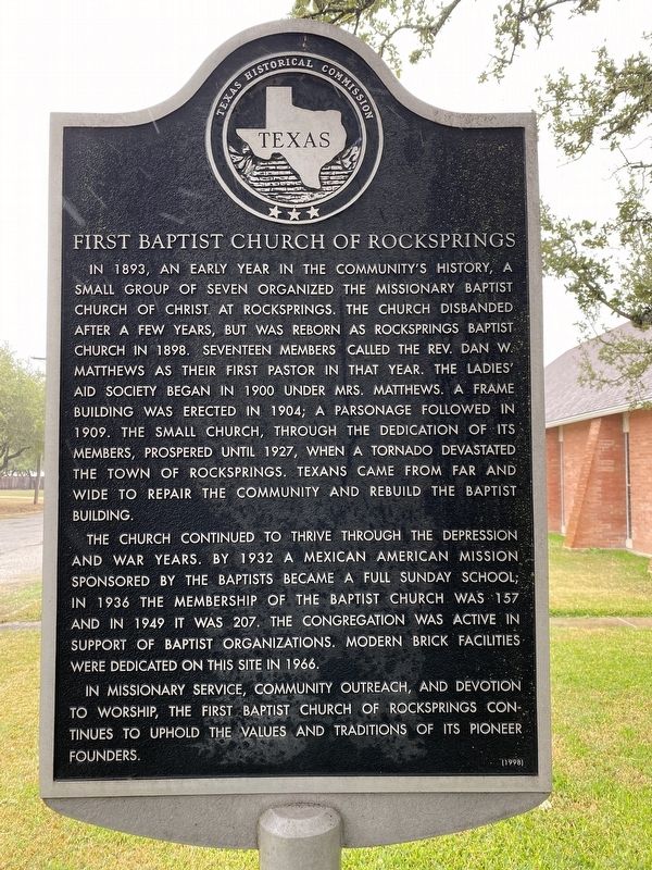 First Baptist Church of Rocksprings Marker image. Click for full size.