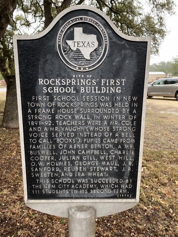 Site of Rocksprings' First School Building Marker image. Click for full size.