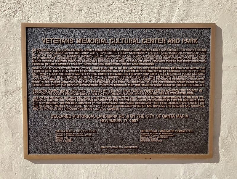 Veterans' Memorial Cultural Center and Park Marker image. Click for full size.
