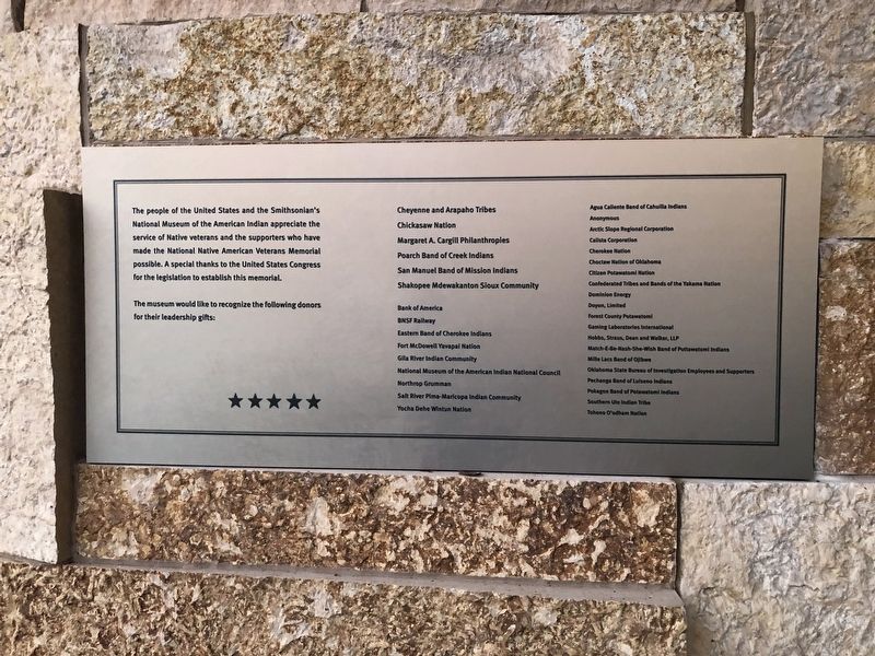 Donor plaque for the veterans memorial on the National Museum of the American Indian. Click for full size. Donor plaque for the veterans memorial on the National Museum of the American Indian image. Click for full size.
