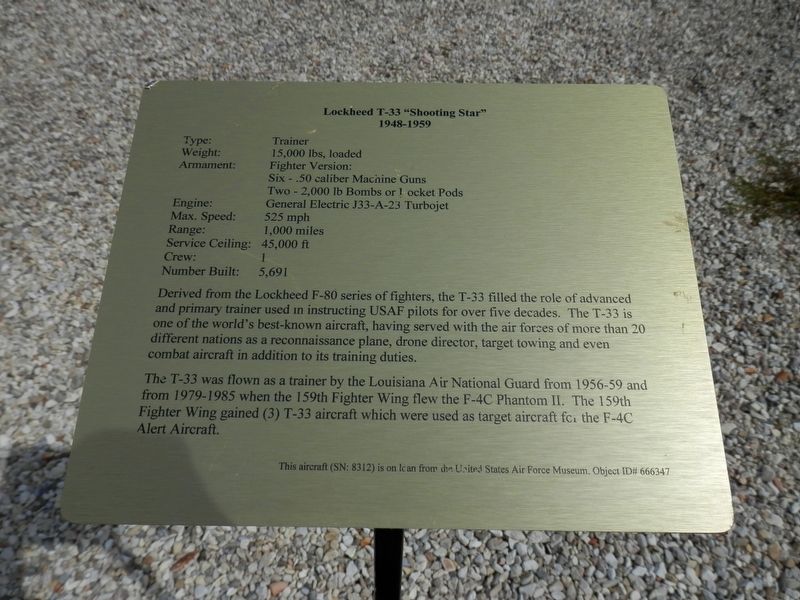 Lockheed T-33 "Shooting Star" Marker. Click for full size. Lockheed T-33 "Shooting Star" Marker image. Click for full size.