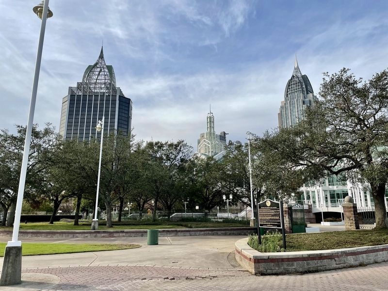 Honoring The Memory Of The Ancestors Marker view towards downtown Mobile. image. Click for full size.