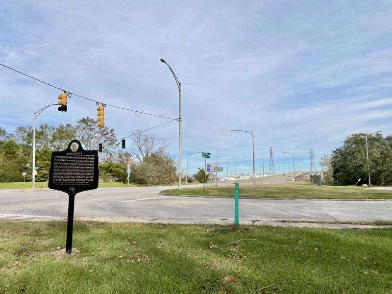 View east from marker towards the Bay Bridge over the Mobile River. image. Click for full size.