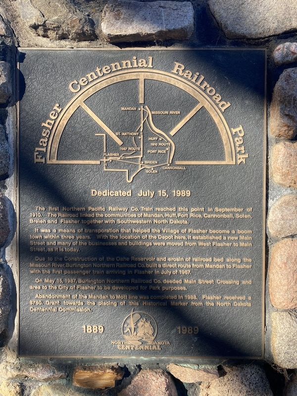Flasher Centennial Railroad Park Marker. Click for full size. Flasher Centennial Railroad Park Marker image. Click for full size.