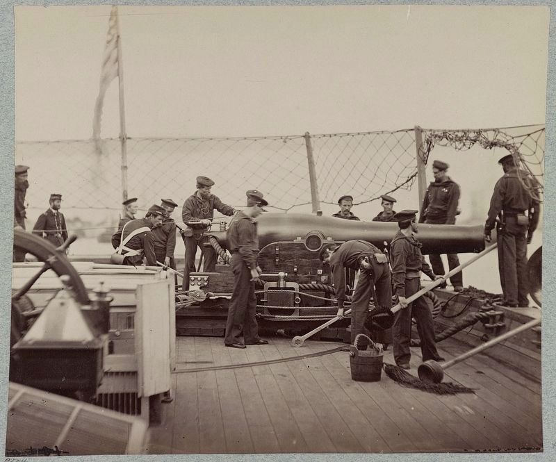 Gun crew on deck of U.S.S. Miami, [i.e. Mendota] James River, Va. image. Click for full size.