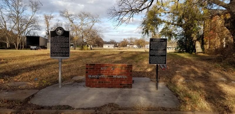 The Site of Blackwell Hospital Marker is on the left of the two markers. image. Click for full size.