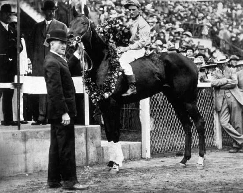 Roscoe Goose atop Donerail following 1913 Kentucky Derby win image. Click for full size.
