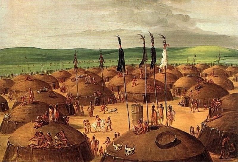 Hidatsa Village by George Catlin image. Click for full size.