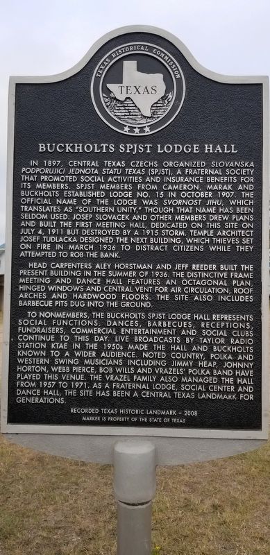 Buckholts SPJST Lodge Hall Marker image. Click for full size.
