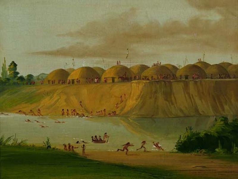 Hidatsa Village by George Catlin image. Click for full size.