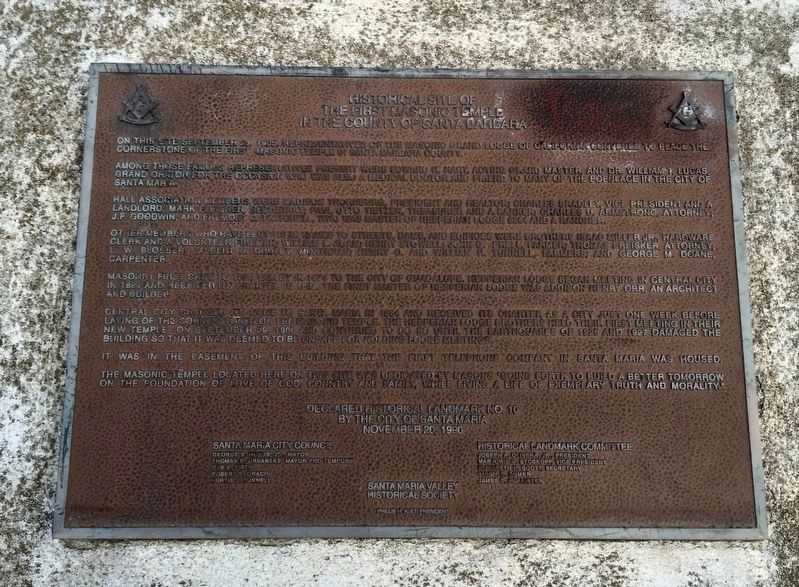 Historical Site of the First Masonic Temple in the County of Santa Barbara Marker image. Click for full size.