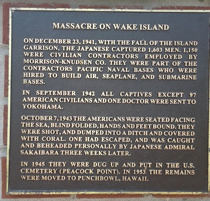 Massacre On Wake Island Marker image. Click for full size.