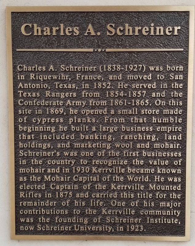 Charles A. Schreiner Marker. Click for full size. Charles A. Schreiner Marker image. Click for full size.