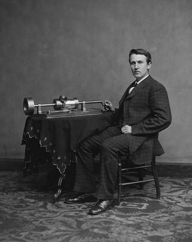 Thomas Edison, April 1878 with his second phonograph, in Washington, D. C. image. Click for full size.