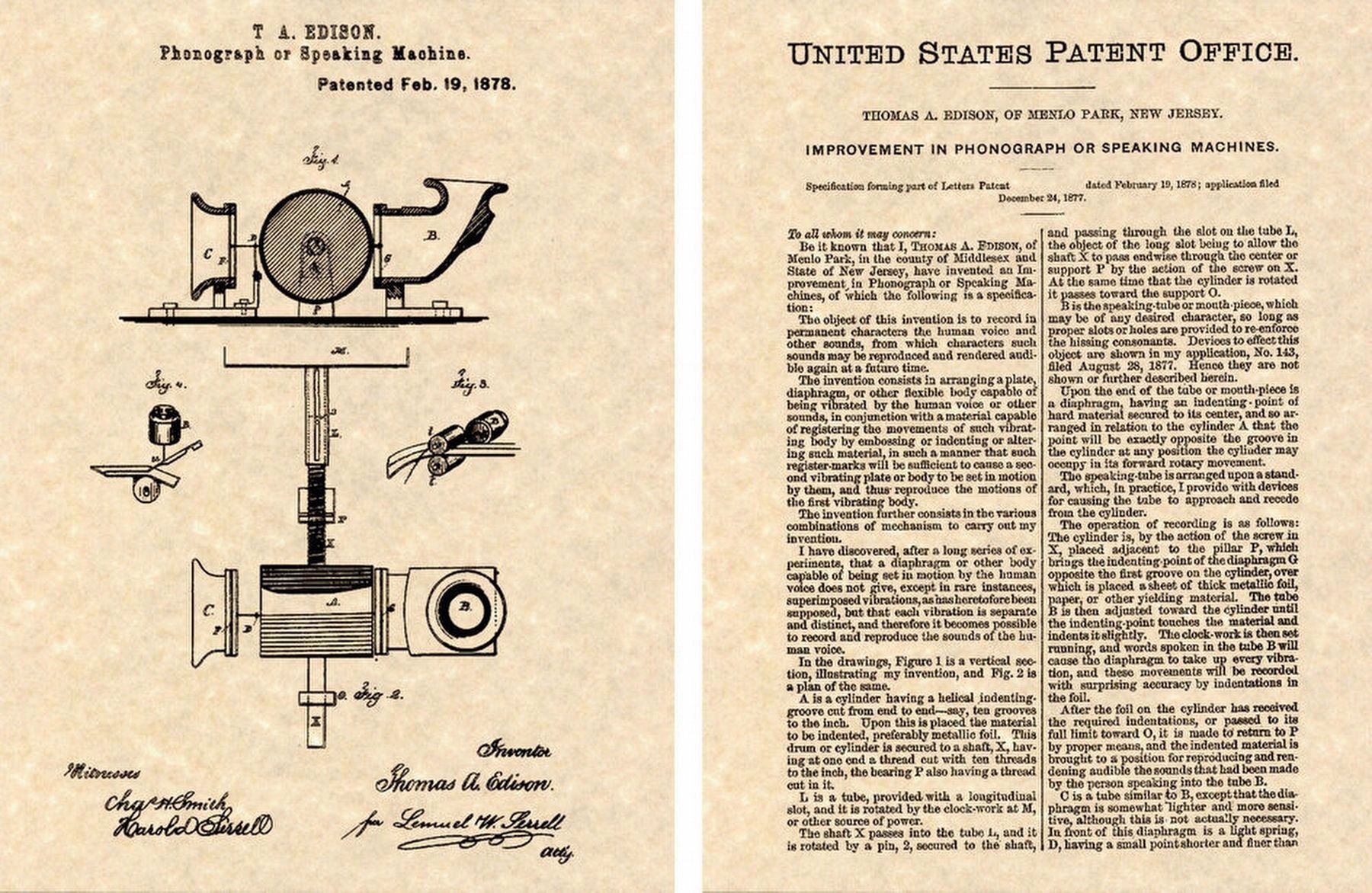 1878 Phonograph Patent image. Click for full size.