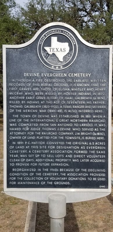Devine Evergreen Cemetery Marker. Click for full size. Devine Evergreen Cemetery Marker image. Click for full size.