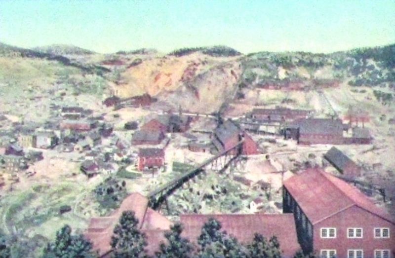 Marker detail: Ft. Pierre Railroad at the Homestake Mine, circa 1900 image. Click for full size.