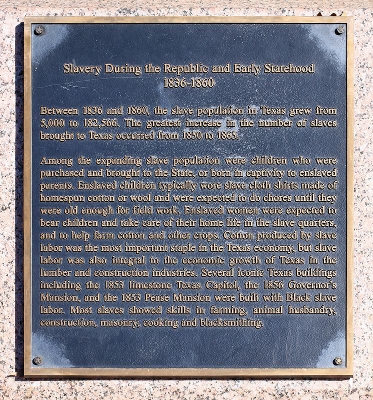 Slavery During the Republic and Early Statehood Marker. Click for full size. Slavery During the Republic and Early Statehood Marker image. Click for full size.