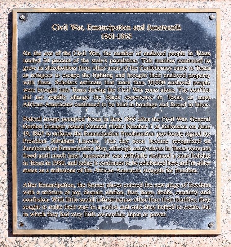 Civil War, Emancipation and Juneteenth Marker. Click for full size. Civil War, Emancipation and Juneteenth Marker image. Click for full size.
