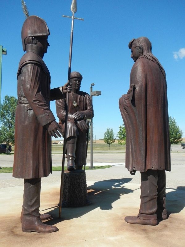 Statue of Lewis, Clark and Mandan Chief Sheheka-shote by Tom Neary image. Click for full size.