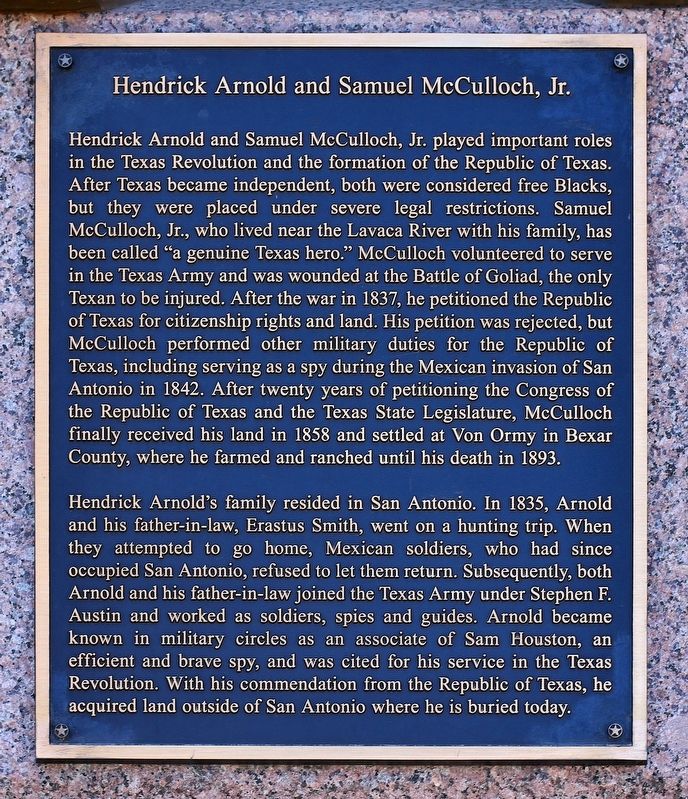 Hendrick Arnold and Samuel McCulloch, Jr. Marker image. Click for full size.