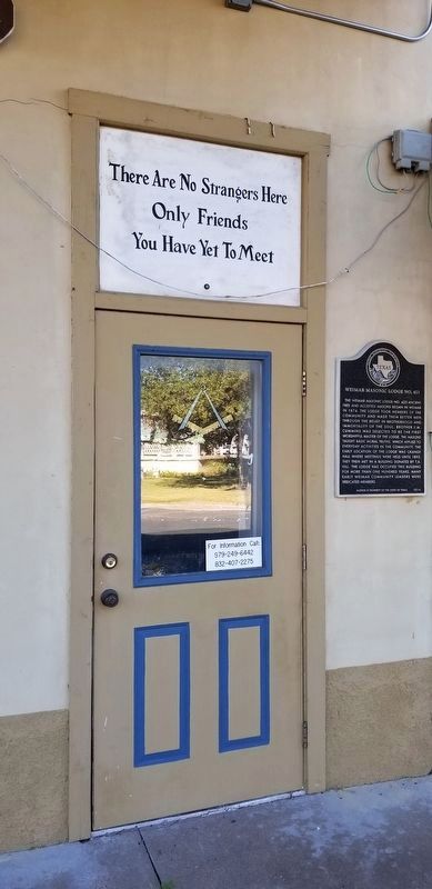 Weimar Masonic Lodge No. 423 Marker is located next to the front door of the historic building image. Click for full size.