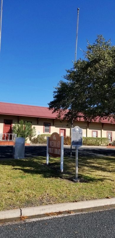 The Weimar Railroad Depot Marker is in front of the Weimar Public Library.. Click for full size. The Weimar Railroad Depot Marker is in front of the Weimar Public Library. image. Click for full size.