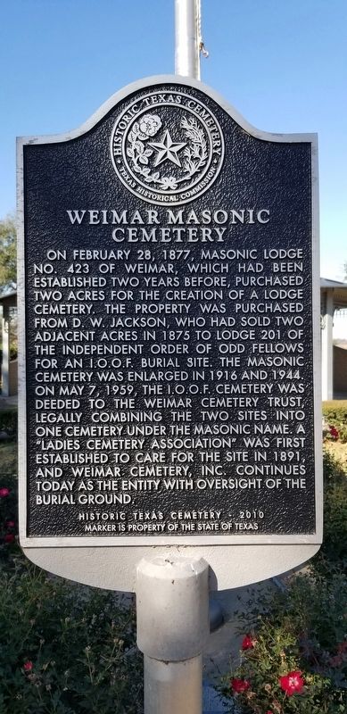 Weimar Masonic Cemetery Marker. Click for full size. Weimar Masonic Cemetery Marker image. Click for full size.
