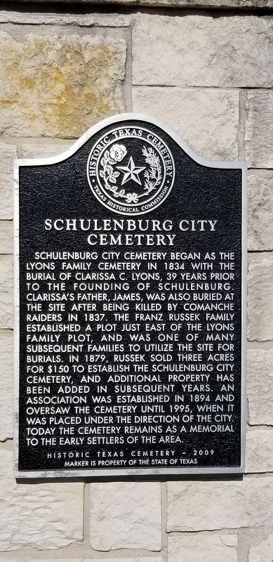 Schulenburg City Cemetery Marker. Click for full size. Schulenburg City Cemetery Marker image. Click for full size.