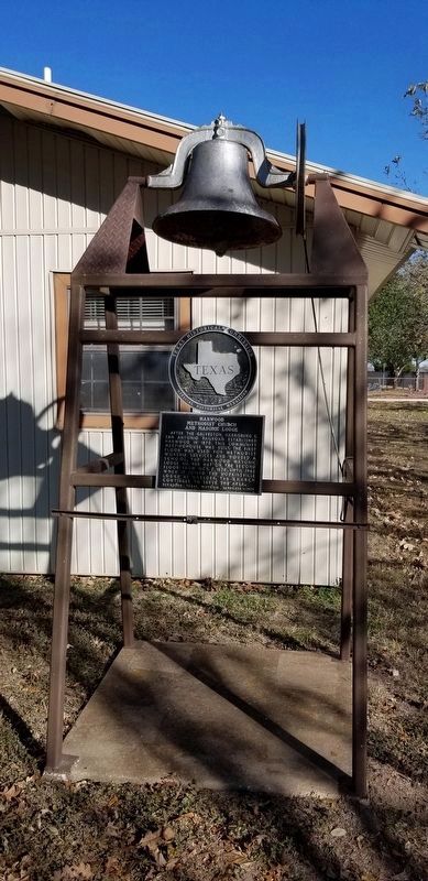 The church bell and Harwood Methodist Church and Masonic Lodge Marker. Click for full size. The church bell and Harwood Methodist Church and Masonic Lodge Marker image. Click for full size.