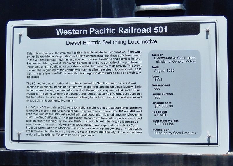 Western Pacific Railroad 501 Marker image. Click for full size.