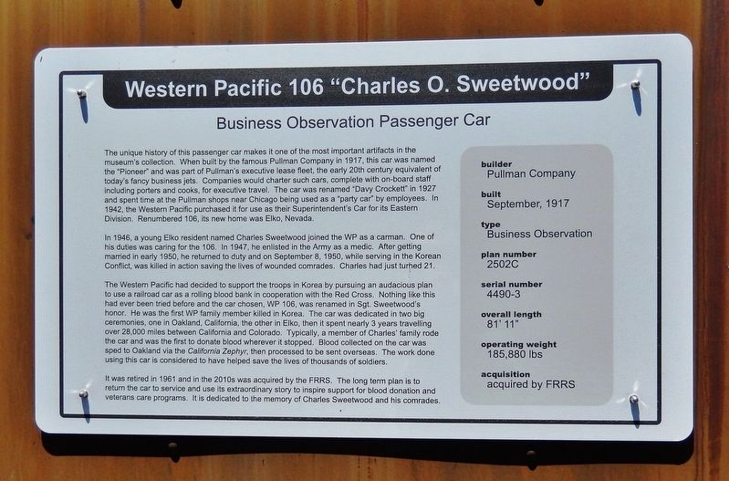 Western Pacific 106 "Charles O. Sweetwood" Marker image. Click for full size.